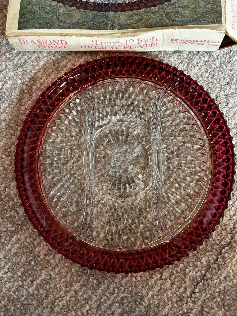 Indiana Glass Ruby Red Rim Clear Diamond Point Divided Relish Plate